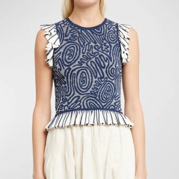 NWOT ULLA JOHNSON Emmeline Ruffled Crewneck Jacquard Knit Top in Ink P $390 - Picture 10 of 12